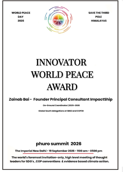 Innovator World Peace Award certificate — Zainab Bai